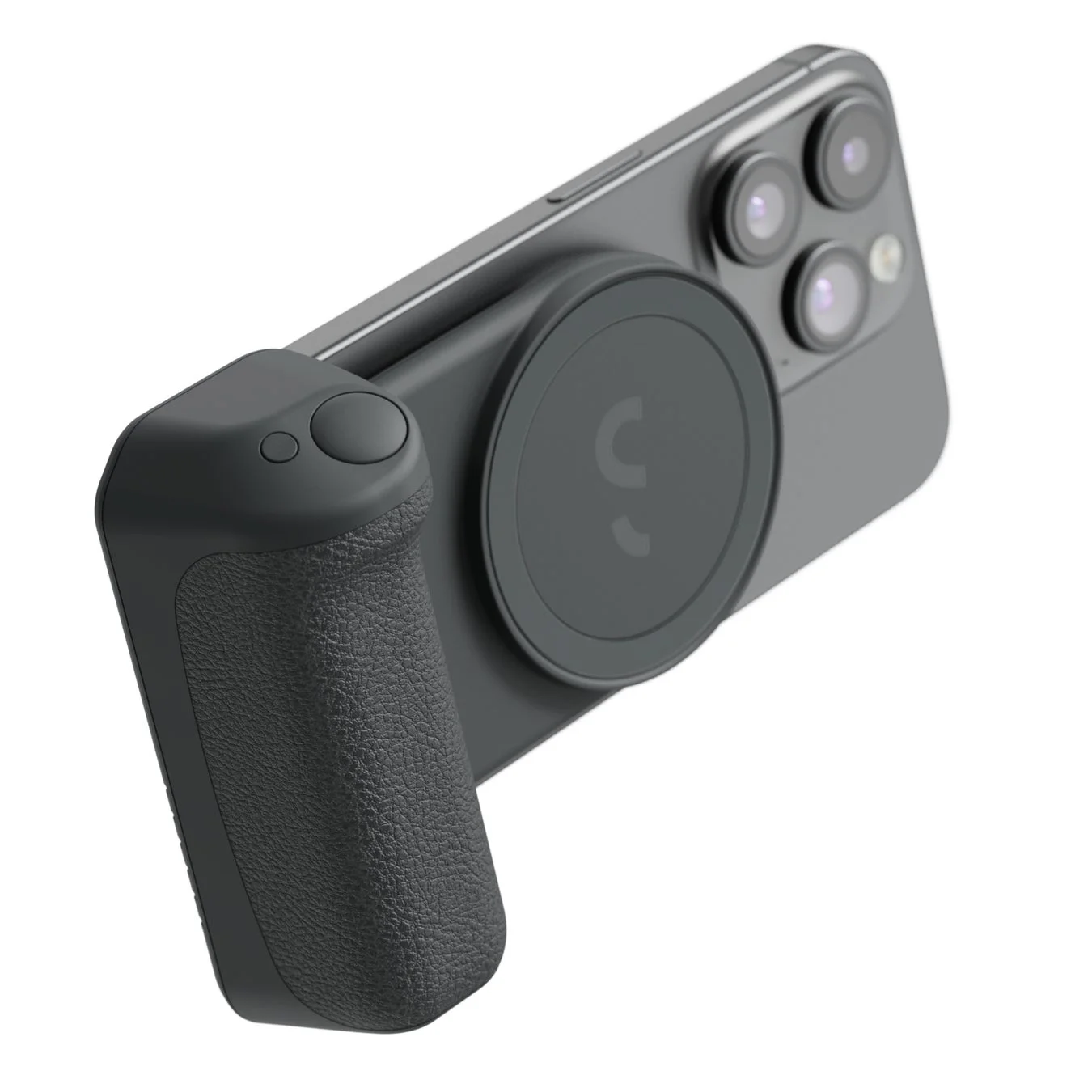 スマートフォンに装着されたカメラグリップの斜めからの画像です。