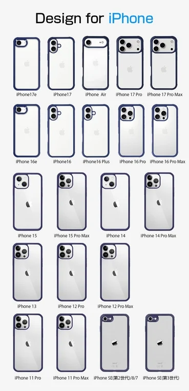 様々なiPhoneモデルに対応するクリアケースのデザインを一覧で示した画像