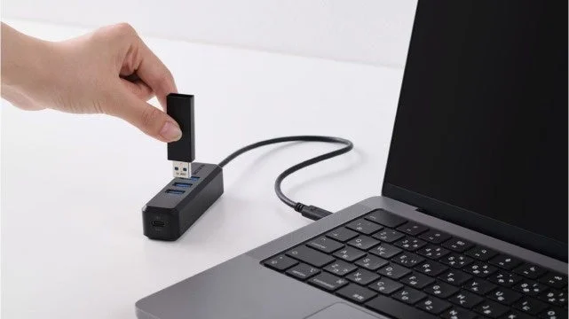 USBハブにUSBメモリを差し込む様子