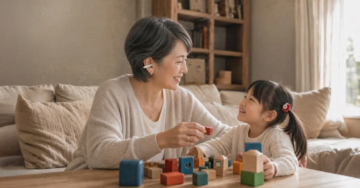 親子が積み木で遊ぶ