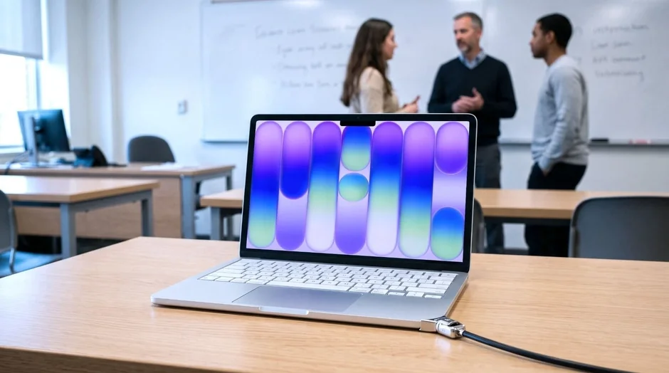 セキュリティケーブルで固定されたMacBookと会話する人々