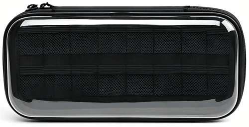 透明な上蓋と内部にメッシュポケットを備えた黒いハードケース