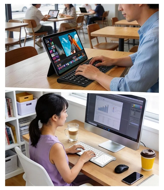 仕事,オフィス,カフェ,リモートワーク,パソコン,タブレット,キーボード,デスクワーク,作業,ビジネス,テクノロジー,動画編集,データ分析,ライフスタイル