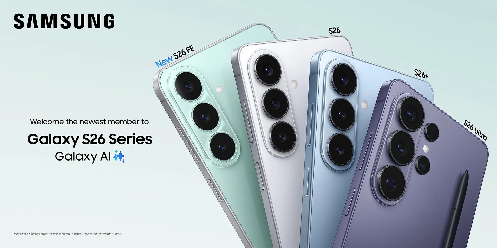 Samsung Galaxy S26シリーズのスマートフォンが並べられ、新製品S26 FEが紹介されている