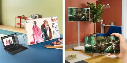 左右に分かれた画像で、左側はノートパソコンと外部モニターを使ったファッションデザインのワークスペース、右側はスマートフォンからテレビに映像をミラーリングしているリビングルームの様子を示しています。