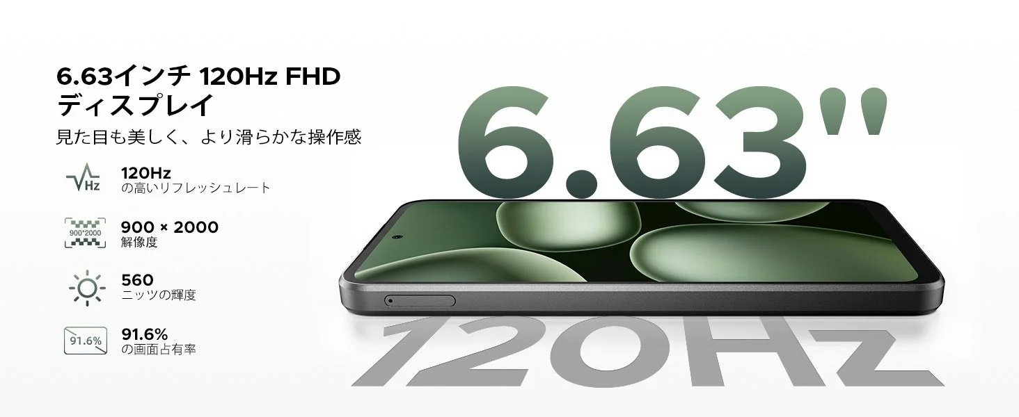6.63インチ 120Hz FHD ディスプレイ