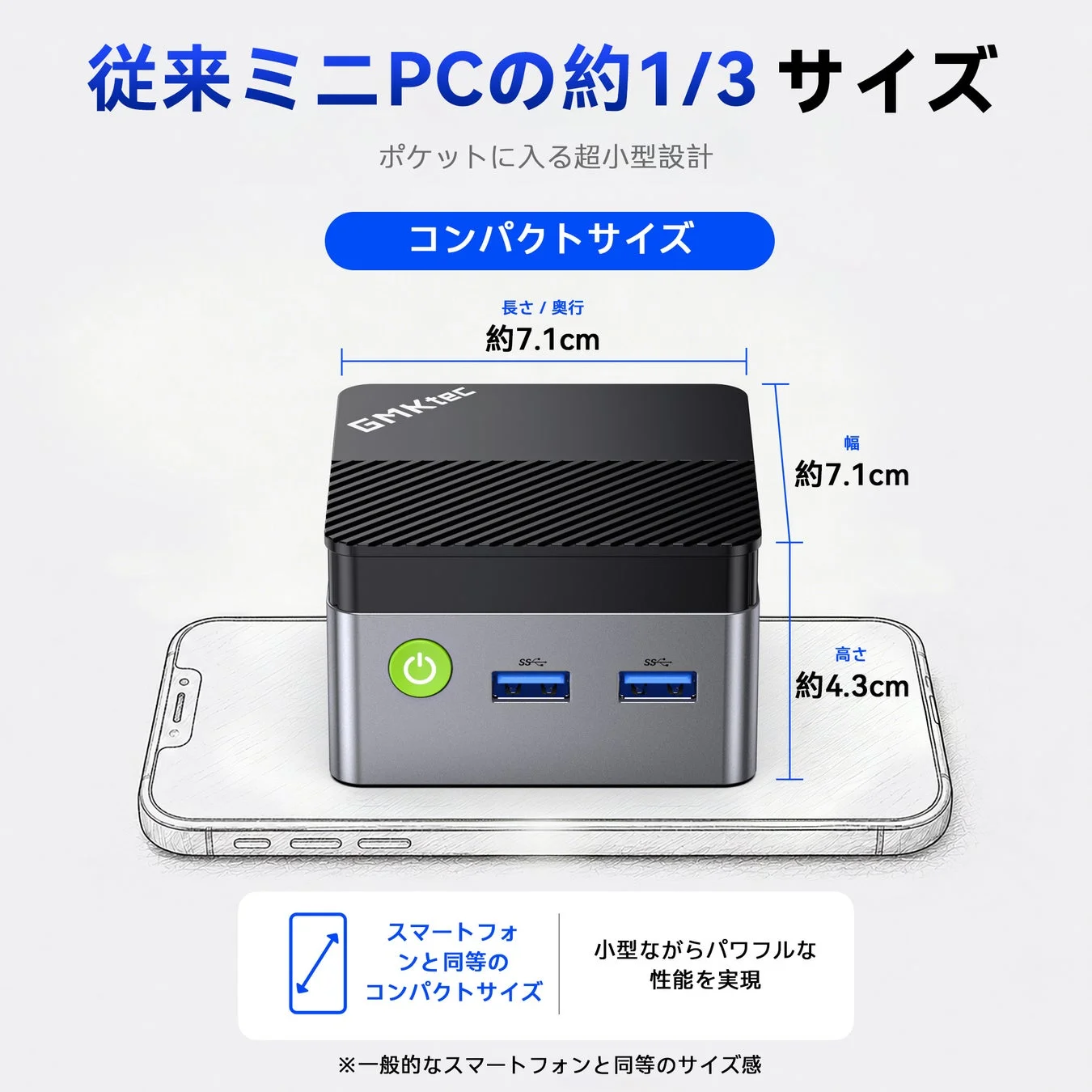 一般的なミニPCと比較してもさらに小型化されたボディは、手のひらに収まるサイズ感を実現