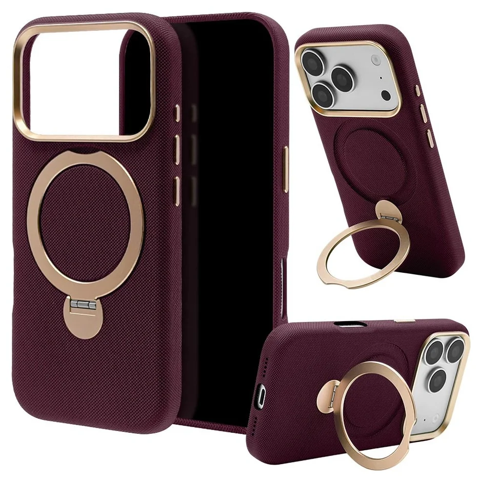 ボルドー色のiPhoneケースでゴールドのカメラフレームとマグネット式のリングスタンドが特徴