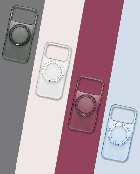 様々な色のスマートフォンケースが4つ並べられています。それぞれのケースには背面に円形の磁気リングが付いており、製品の特徴を示しています。