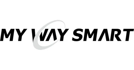 白い背景に「MY WAY SMART」という黒いテキストロゴが中央に配置されています。「WAY」の部分には薄い灰色の弧状のグラフィックが重ねられており、シンプルでモダンなデザインです。