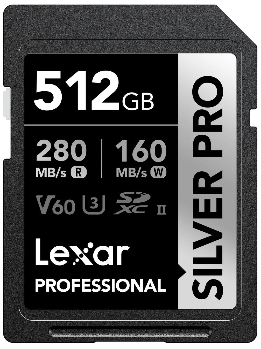Lexar Professional SILVER PROシリーズの512GB SDXC IIメモリーカードです。読み取り速度最大280MB/s、書き込み速度最大160MB/sで、V60およびU3の速度クラスに対応しており、プロフェッショナルな写真や4Kビデオ撮影に適しています。