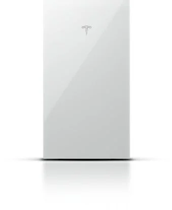 白い光沢のあるテスラ製家庭用蓄電池（Powerwall）のイメージ