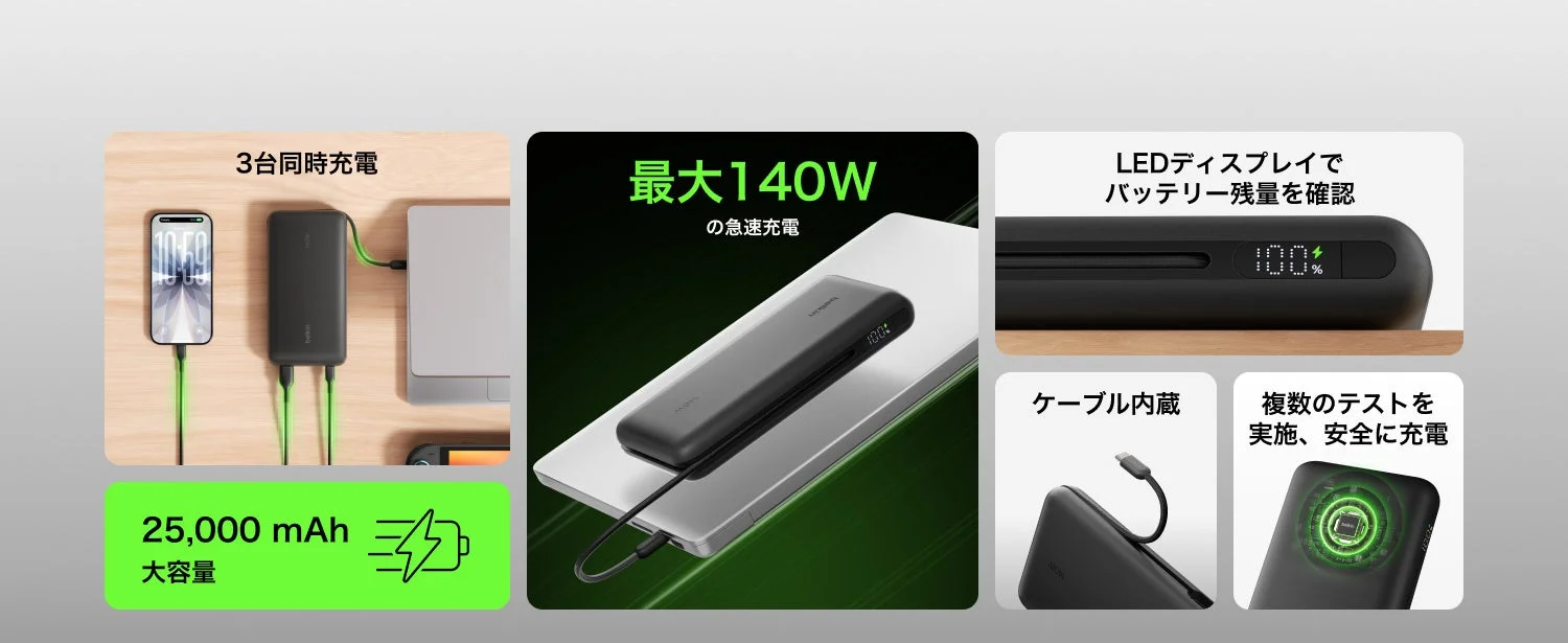 3台同時充電 25,000 mAh 大容量 最大140W の急速充電