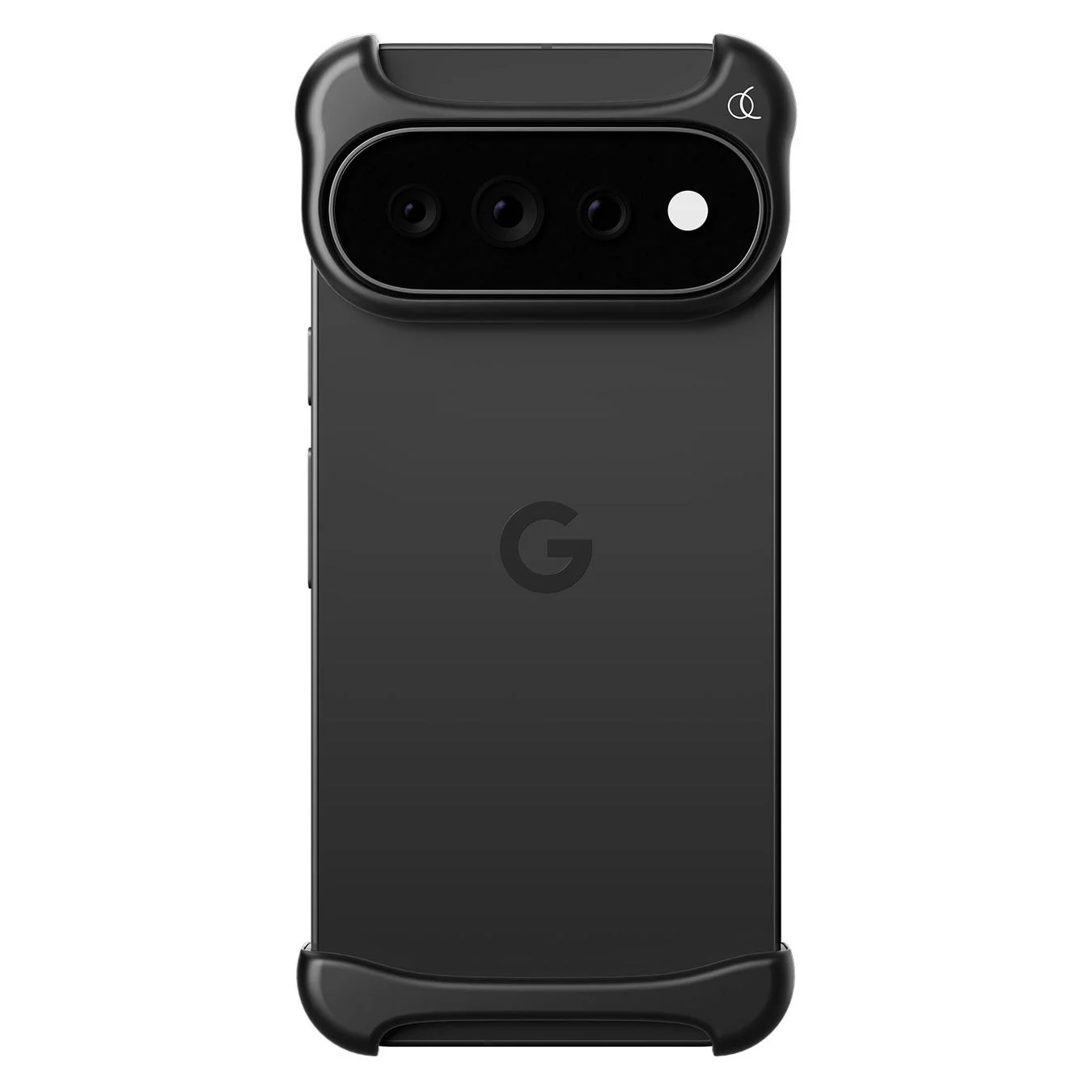 黒いGoogle Pixelスマートフォンが白い背景に置かれ、頑丈な保護ケースに装着されています