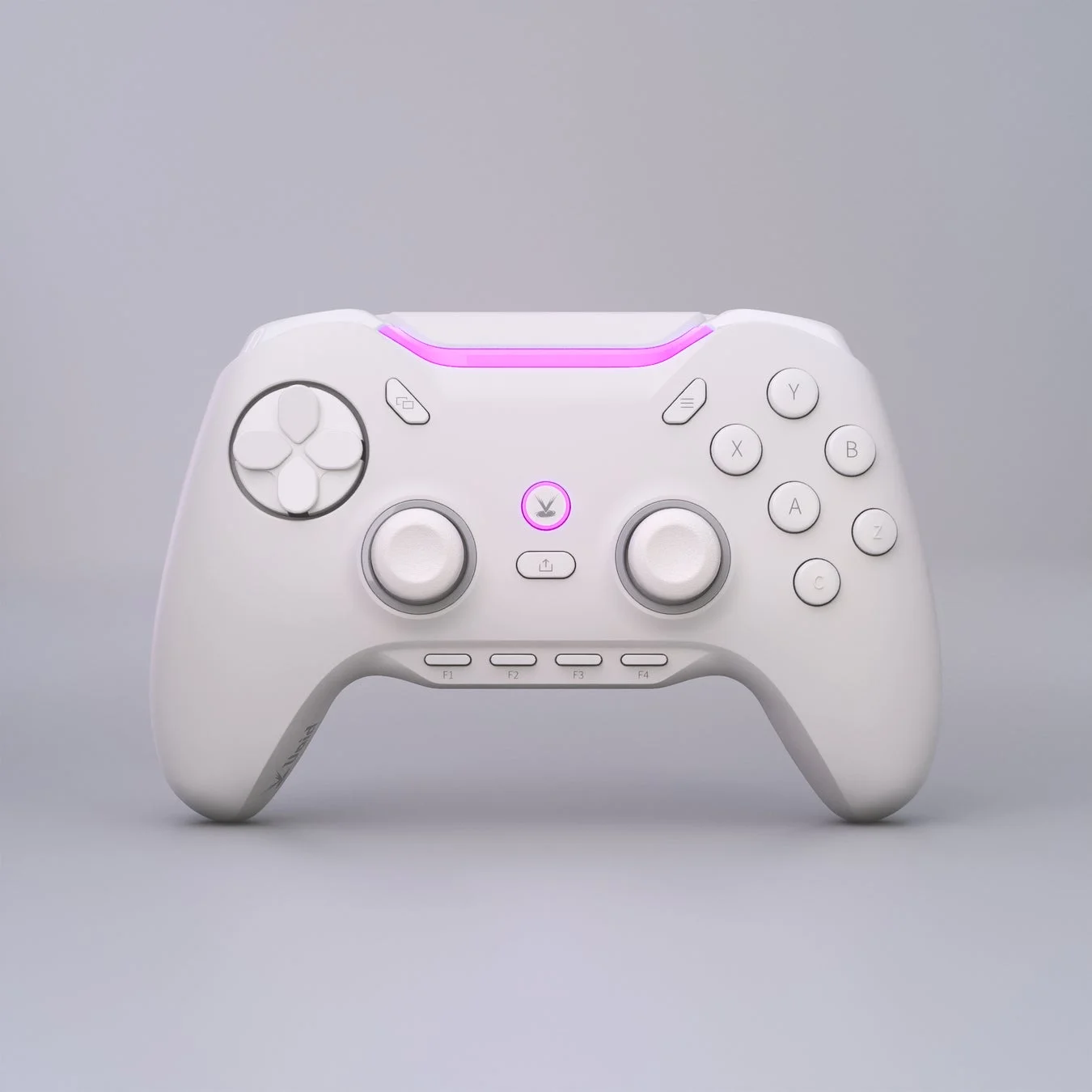 白いゲームコントローラーが中央に配置され、ピンク色のアクセントライトが特徴的