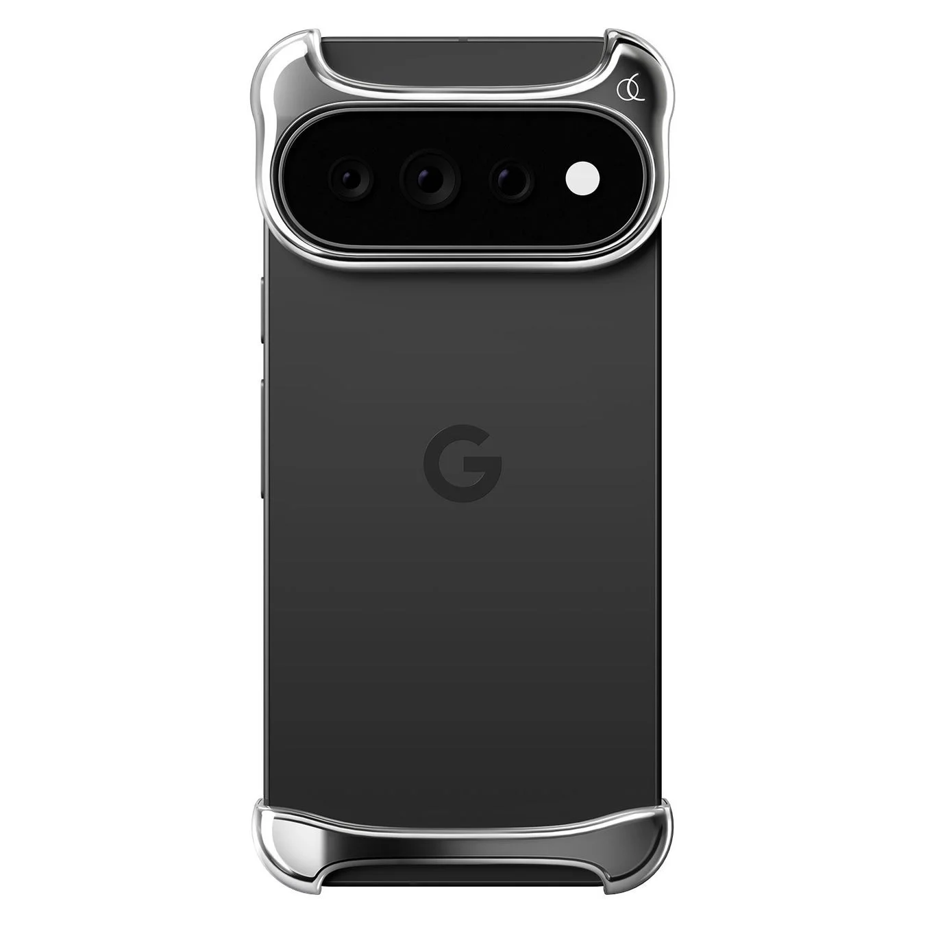 シルバーのバンパーケースを装着した黒いGoogle Pixelスマートフォンの背面が、白い背景に写っています