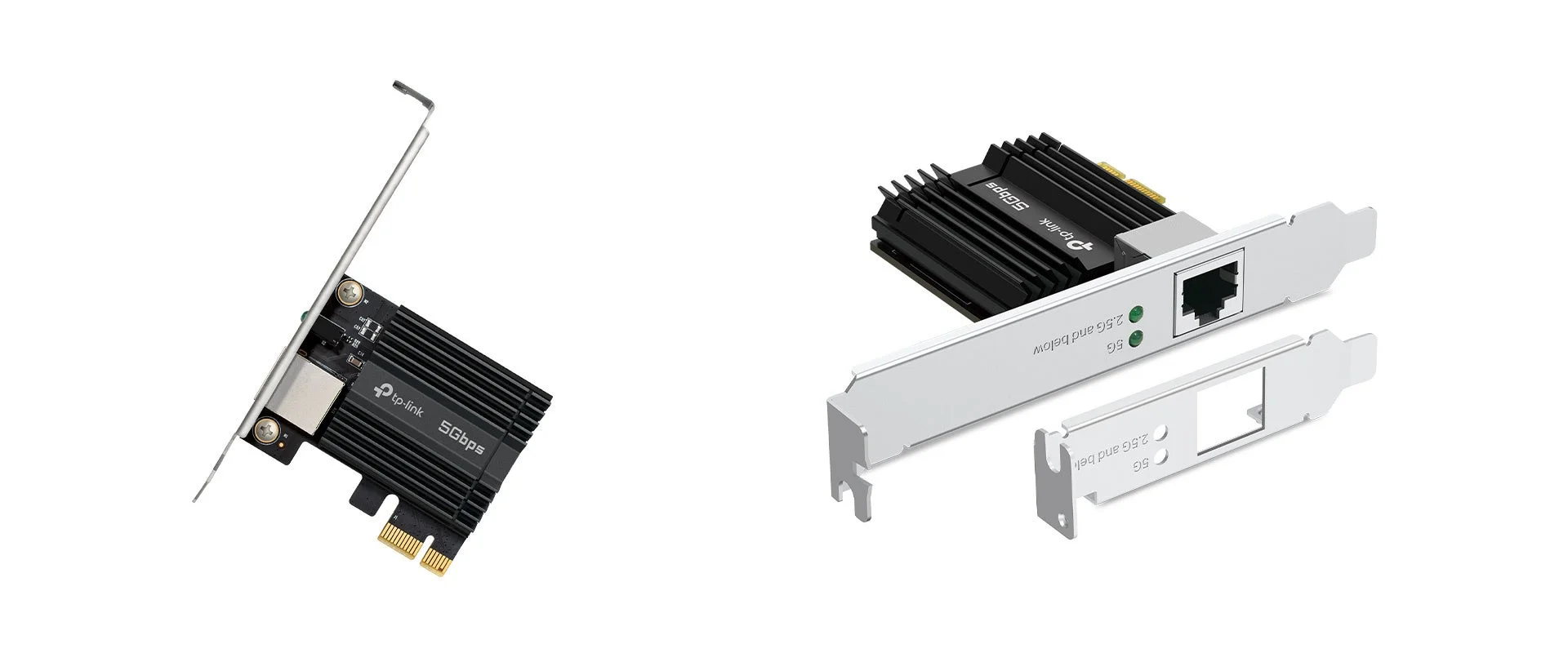 白い背景に、TP-Link製の5Gbps対応PCIeイーサネットネットワークカードが2つの異なる角度とブラケットで示されています。