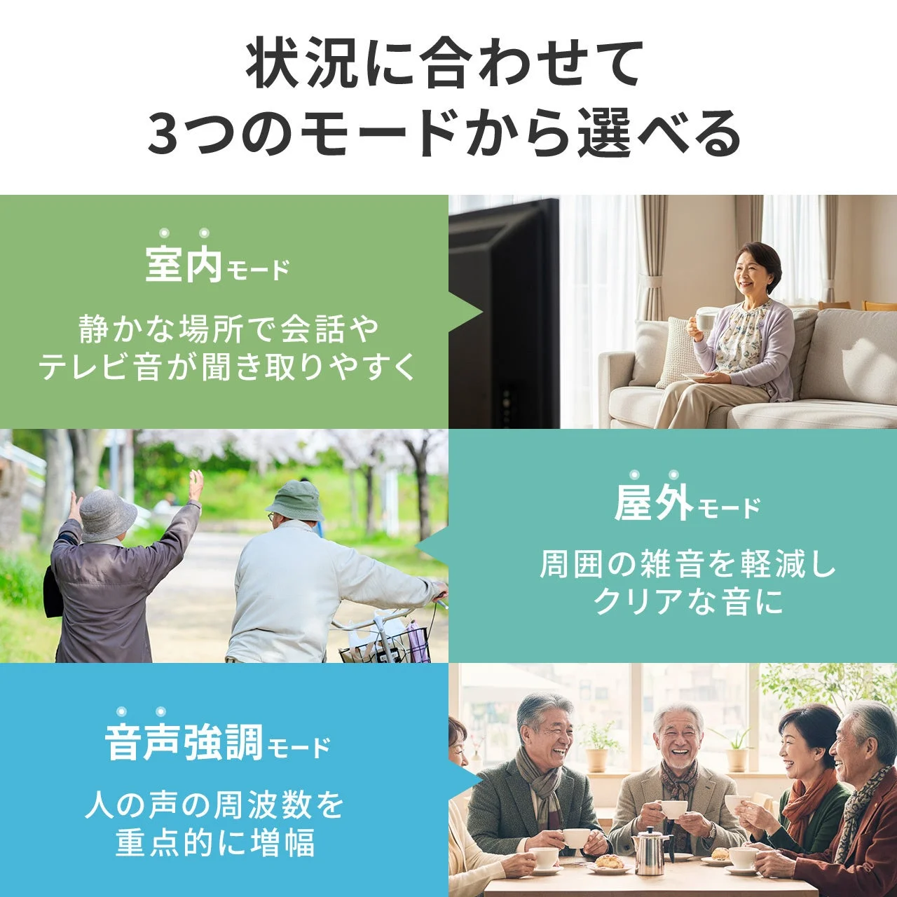 状況に合わせて3つのモードから選べる