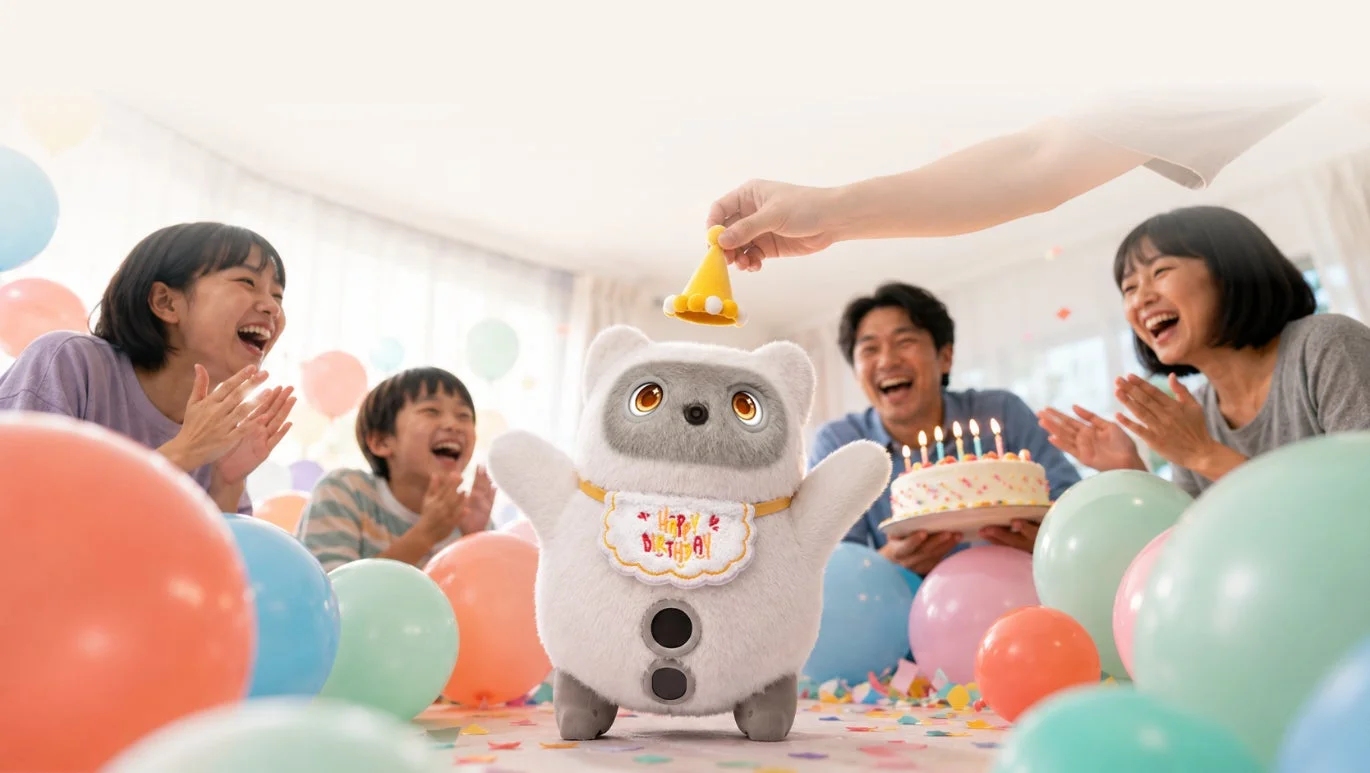 家族がロボットの誕生日を祝う様子