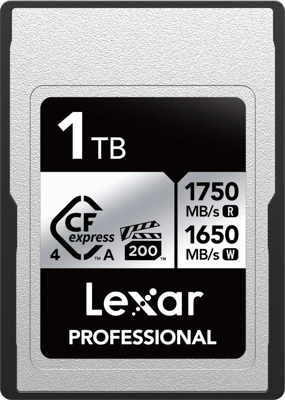 Lexar Professional CFexpress Type Aメモリーカードの画像です。容量は1TBで、読み込み速度1750MB/s、書き込み速度1650MB/sの高速性能を持ち、プロフェッショナルな映像制作や写真撮影に適しています。