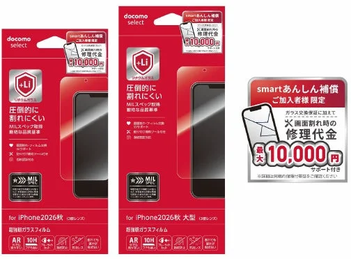 docomo selectのiPhone 2026秋モデル用高耐久ガラスフィルムのパッケージ画像です。