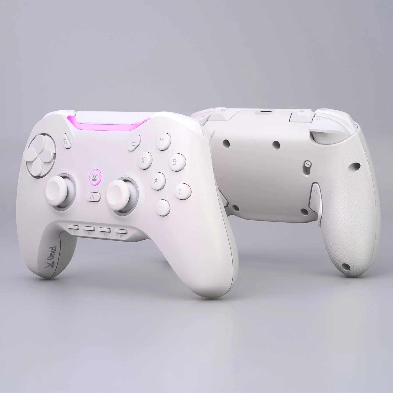白いゲームコントローラーが2つ並べられている