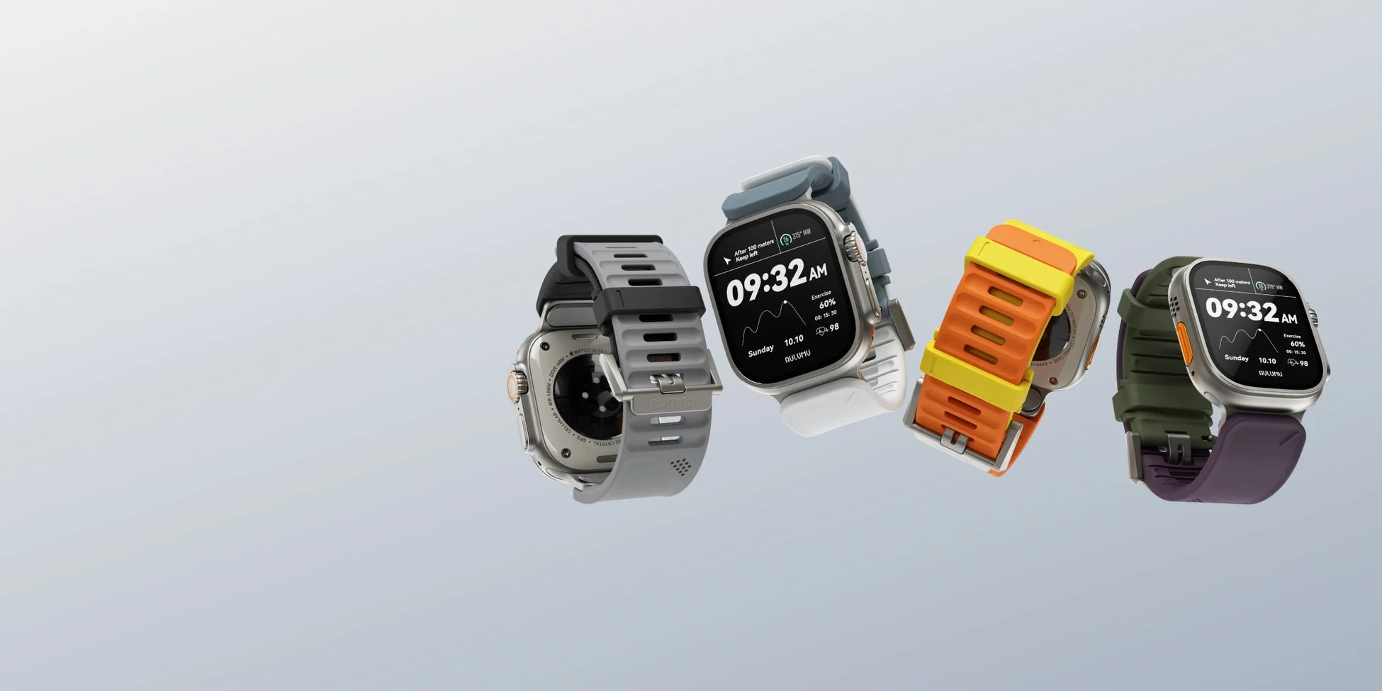複数のApple Watch Ultraのようなスマートウォッチが、異なる色のバンドを付けて宙に浮いた状態